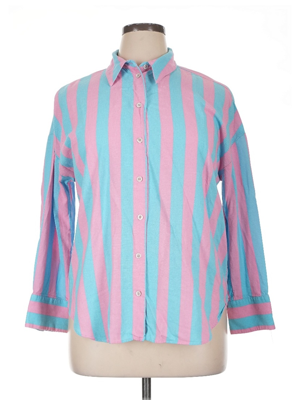 Zara Pink and Turquoise Vertical Stripe Button-Down Shirt